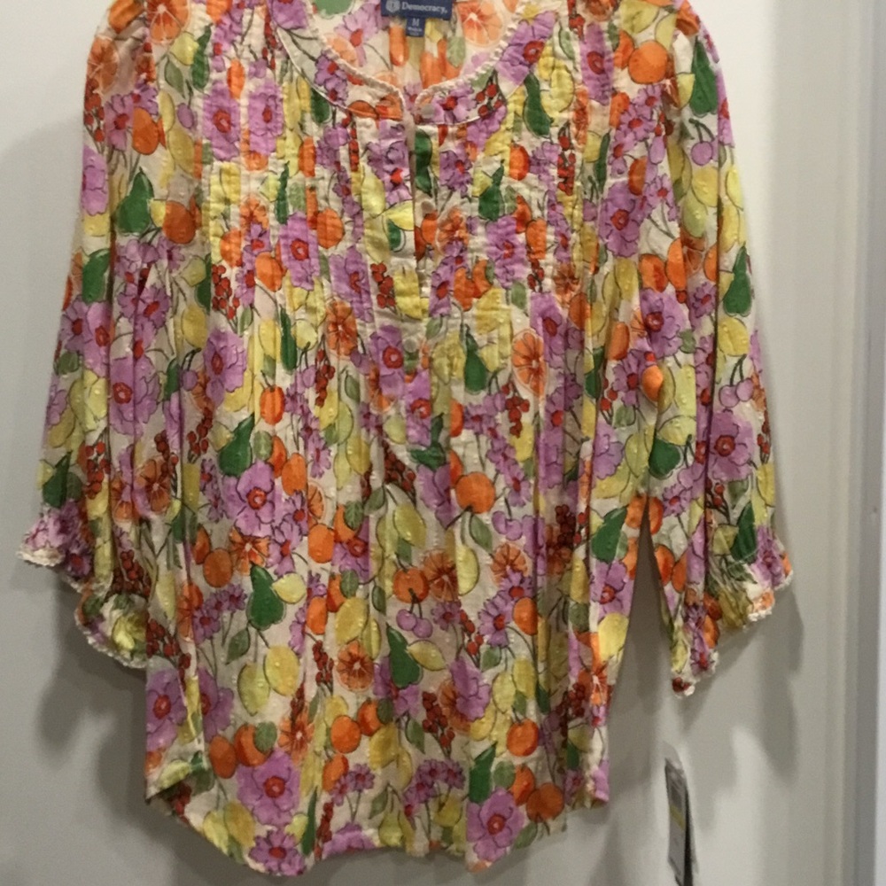 Democracy Yellow Multi Floral Button-Front Peasant Blouse